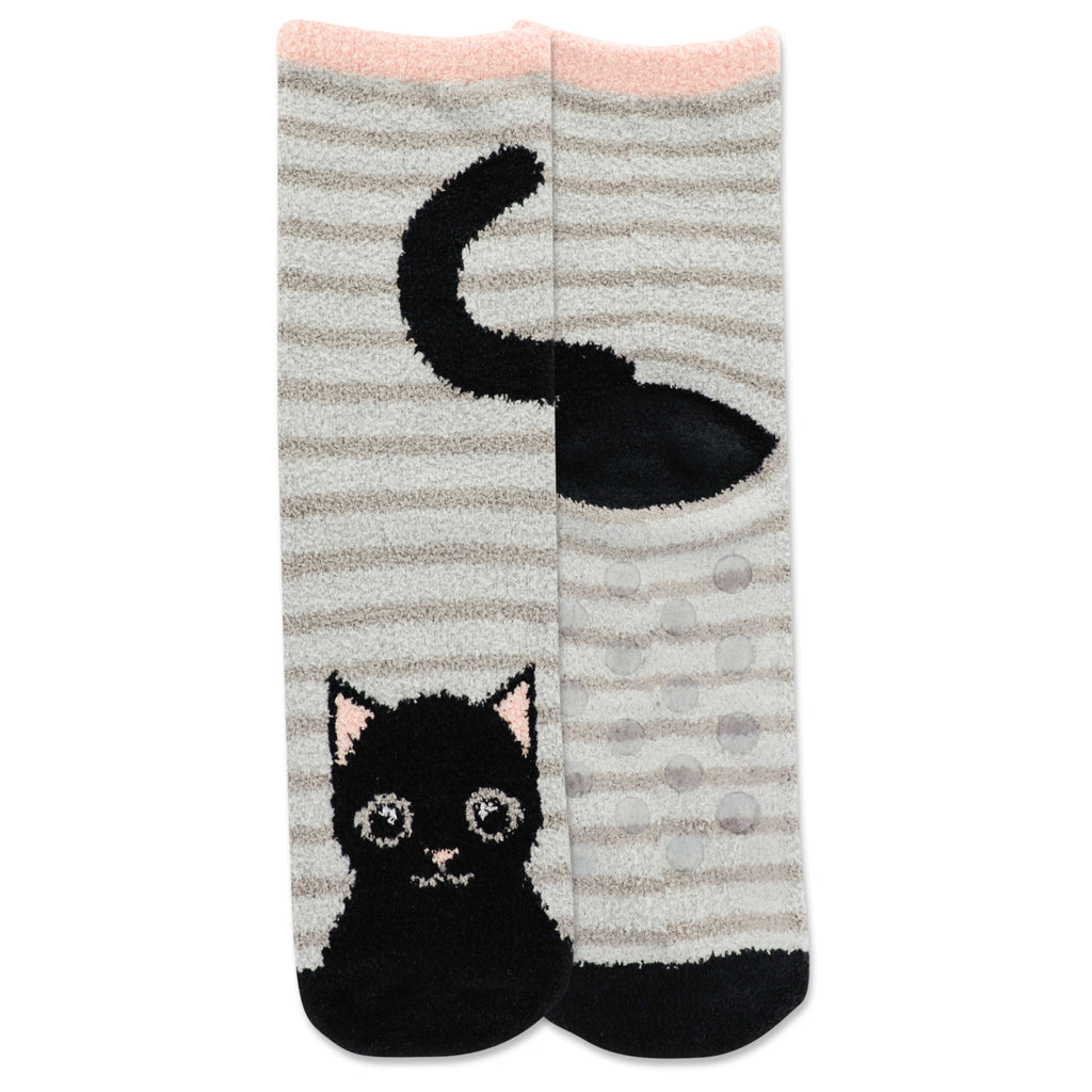 Hot Sox Womens Cat Cozy Short Non-Skid Socks are a Short Crew AKA Ankle Sock.  It has a Black Cat with Grey Background. Umber Stripes and Face Details. Coral Pink finishes the Ears and Nose.