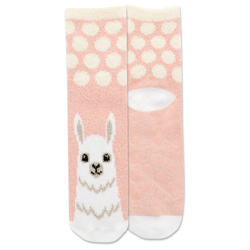 Hot Sox Womens Llama Cozy Short with Gripper Socks are a Coral Pink with Light Peach Dots on Top after the Cuff. The Heels are White and also the Toes which begin the bottom of the Llama. The Llama extends over your foot with details of fur neck, face and ears.