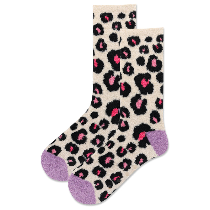 Hot Sox Womens Animal Print Non-Skid Slipper Socks Cream Background are Leopard Spots in Rose Pink, Razzle Dazzle Pink, and Black. The Heels and Toes are Lavender.