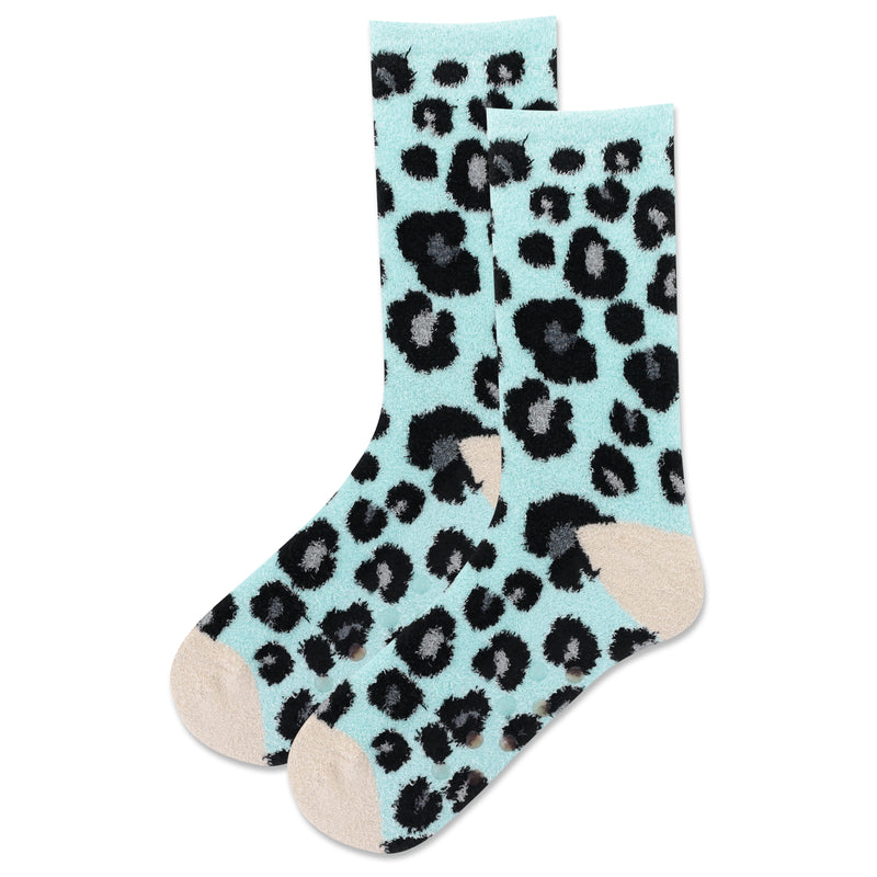 Hot Sox Womens Animal Print Non-Skid Slipper Socks are Light Blue Background with Cream Heels and Toes. The Leopard Spots are Black, Charcoal, and Grey.