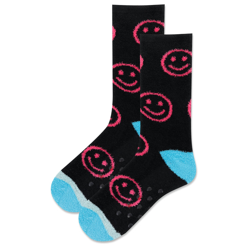 Hot Sox Womens Smiley Non-Skid Slipper Socks starts on a Black Background with Dark Sky Blue Heels and Toes, Light Blue is between the Black and Dark Sky Blue on the Toes.. The Smiley is in Rows going down the Sock are Razzle Dazzle Rose,