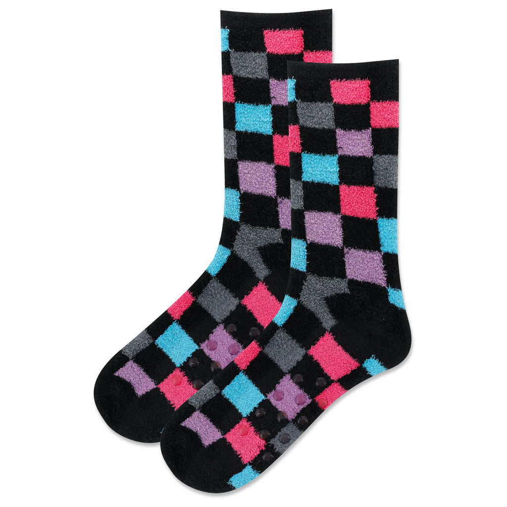 Hot Sox Womens Checker Non-Skid Slipper Sock begins on Black background with squares of Razzle Dazzle Rose, Charcoal, Lavender, and Dark Sky Blue. Bottom has Clear Rubber Dots.