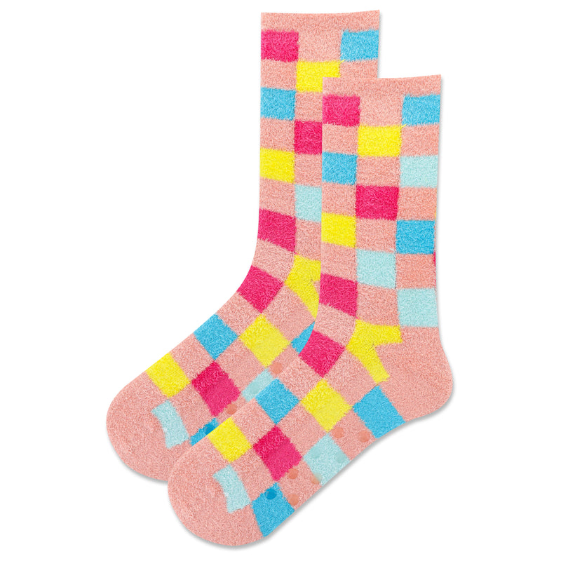 Hot Sox Womens Checker Non-Skid Slipper Sock starts on Peach background with Light Blue, Lemon, Dark Sky Blue, and Razzle Dazzle Rose Squares. Bottom of Sock has Clear Rubber Dots.