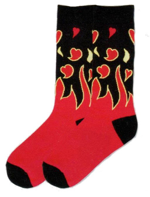 K Bell Mens Hearts on Fire starts with Black at the Top, The Heels and Toes. The Foot of the Sock is Red. Then it becomes Flames past the Heel licking up to the Cuff. The Hearts are Red encircled with Dark Yellow and Some are only Red. Flames also come up in Dark Yellow.