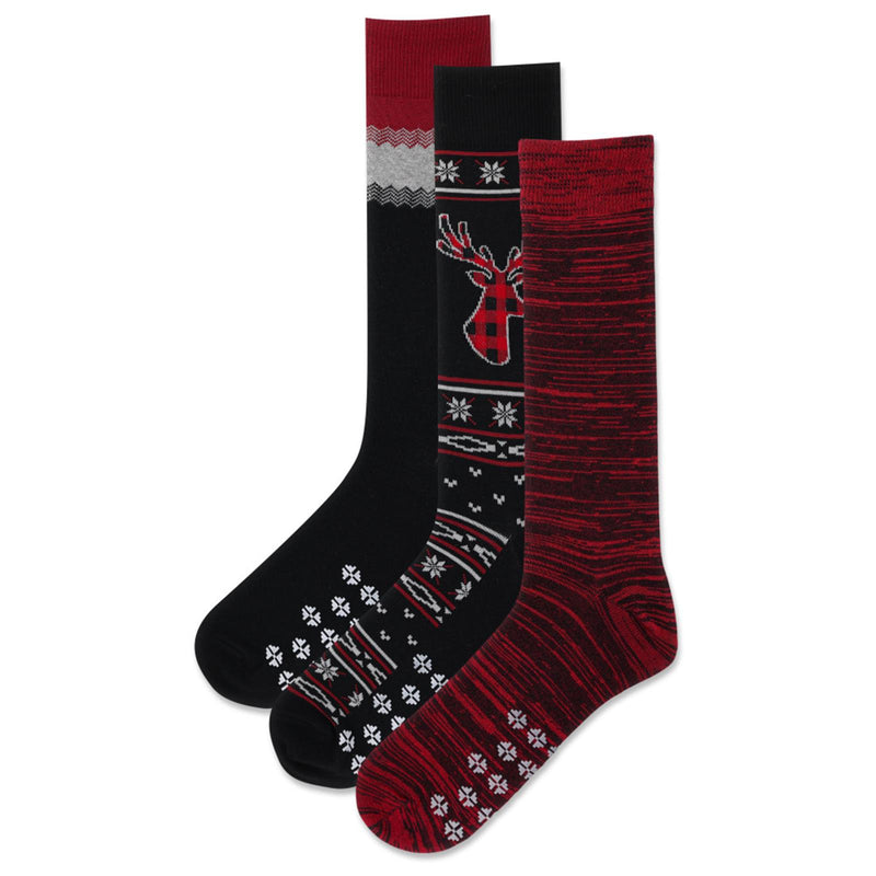 Hot Sox Mens Christmas Cookies Gift Box Reindeer Non Skid Socks have 3 Socks in the Box.  Red and Black variegated woven one. Black with Reindeer with Poinsettia Designs.  The last with Black White and Red Chevrons. The Non Skids are White Snowflakes.