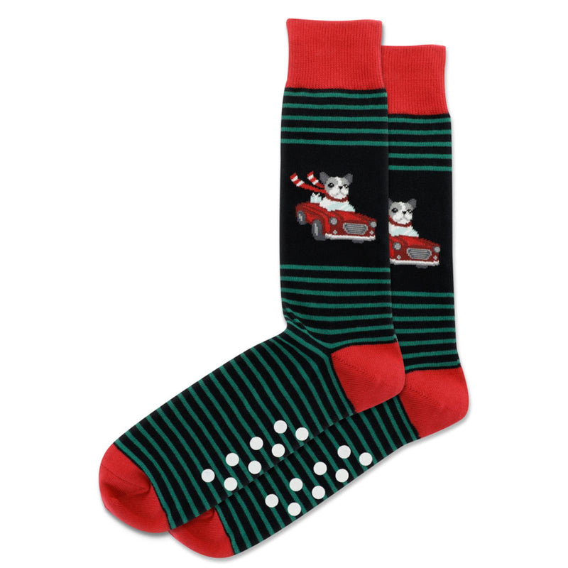 Hot Sox Mens Dog Convertible Non Skid Socks are on Black with Red  Cuffs, Heels and Toes. Green Stripes frame a White, Black and Grey Dog with a Red Sash behind the Wheel of a Red Convertible.