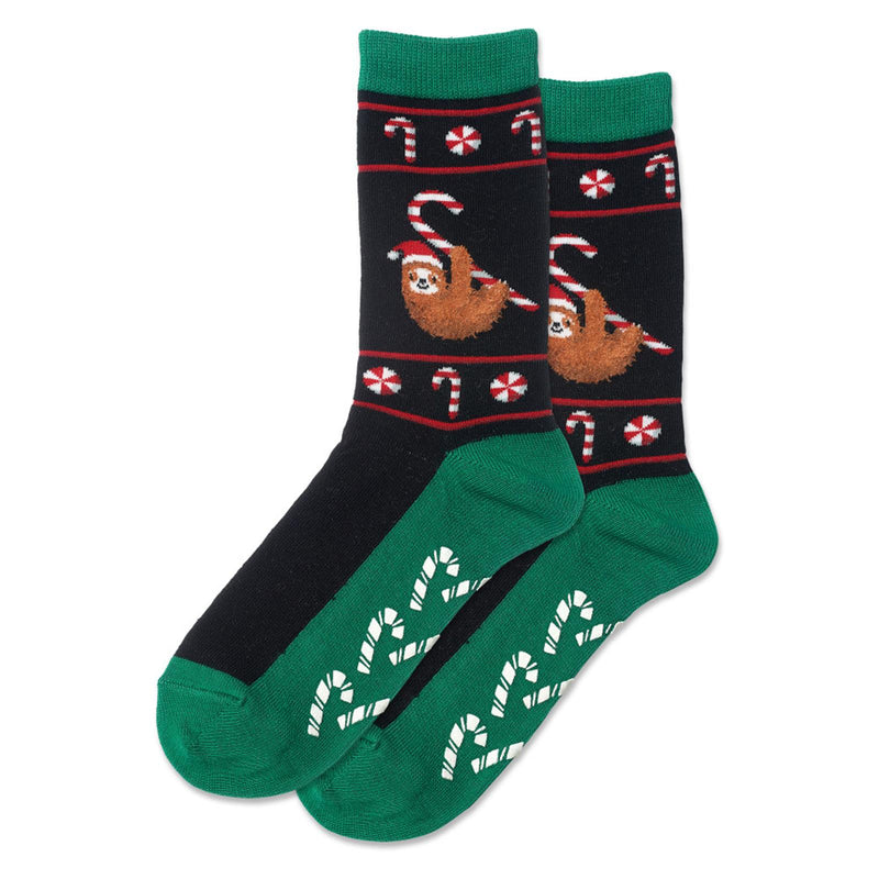 Hot Sox Christmas Sloth Non Skid Socks are Black and Green. It has Candy Canes and Round Mints for Decorations. The Sloth is Hanging from a Candy Cane, He has a Santa Hat on.