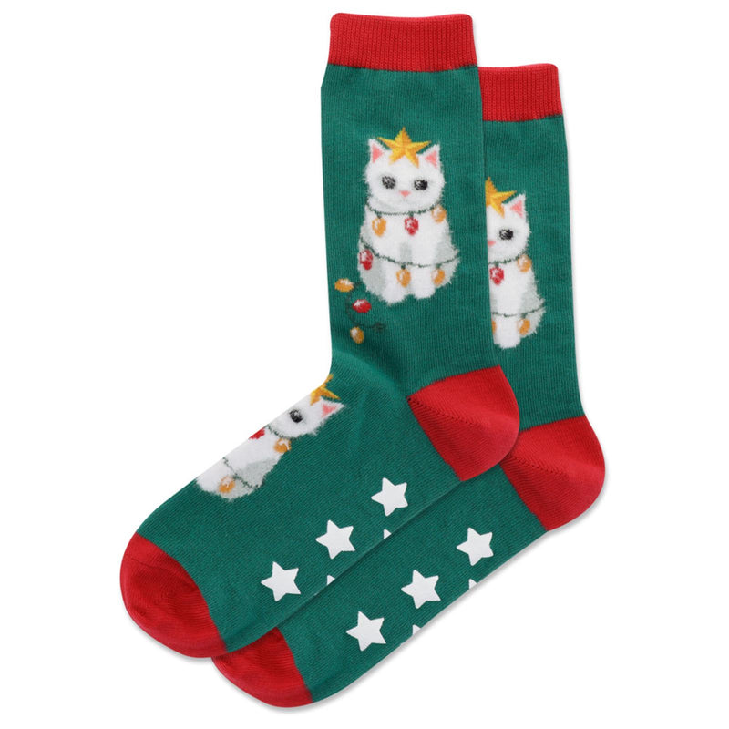 Hot Sox Womens Fuzzy Christmas Tree Cat Non Skid Socks are on Green with Red Cuffs, Heels and Toes.  The Fuzzy Cat has become the Tree with Lights all around and a Star on Her Head. White Stars are the Non Skids.