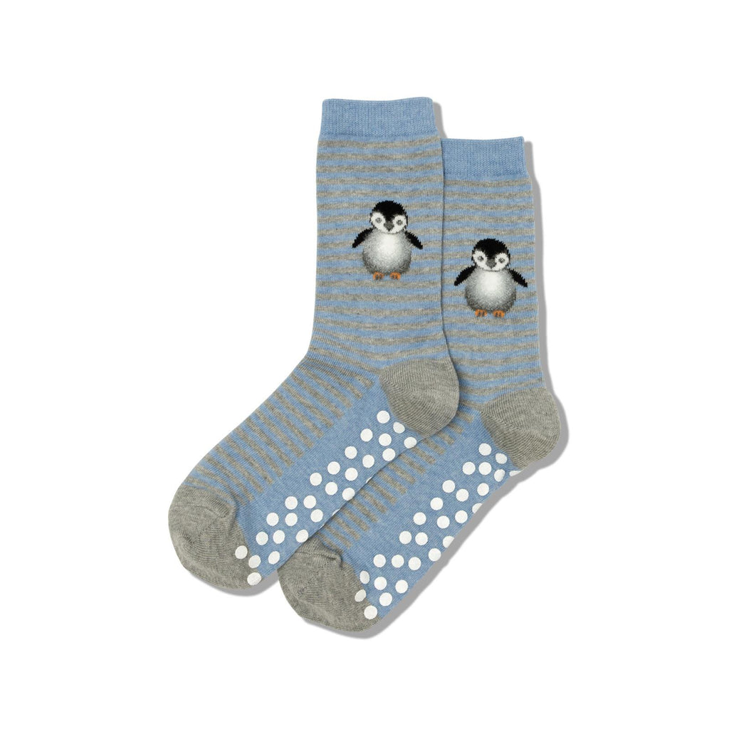 Hot Sox Womens Penguin Non Skid Socks is on Blue Heather. The Heels and Toes are Grey Heather.  The Penguin is Mid-Calf  on top of Stripes. He is Black, Dark Grey, Sliver, White, Goldenrod Feet and Fuzzy.  Non Skids are White Dots.