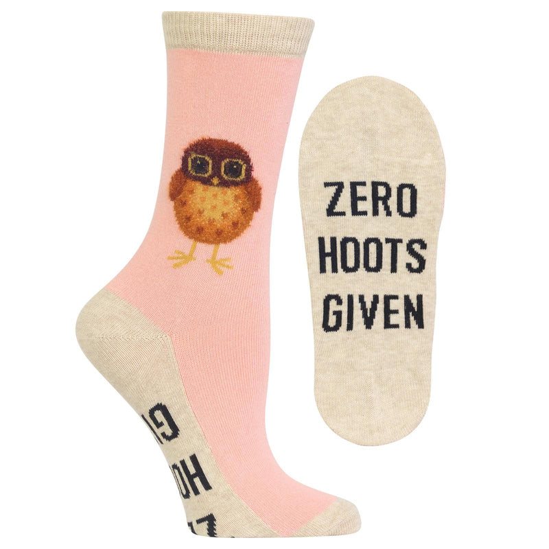 Hot Sox Womens Zero Hoots Given Socks are Blush Background with Cuffs, Toes and the Whole Bottom of the Foot is Tan. On the bottom in large letters reads, "ZERO HOOTS GIVEN" The Owl is shades of Brown, Black, and Maroon.