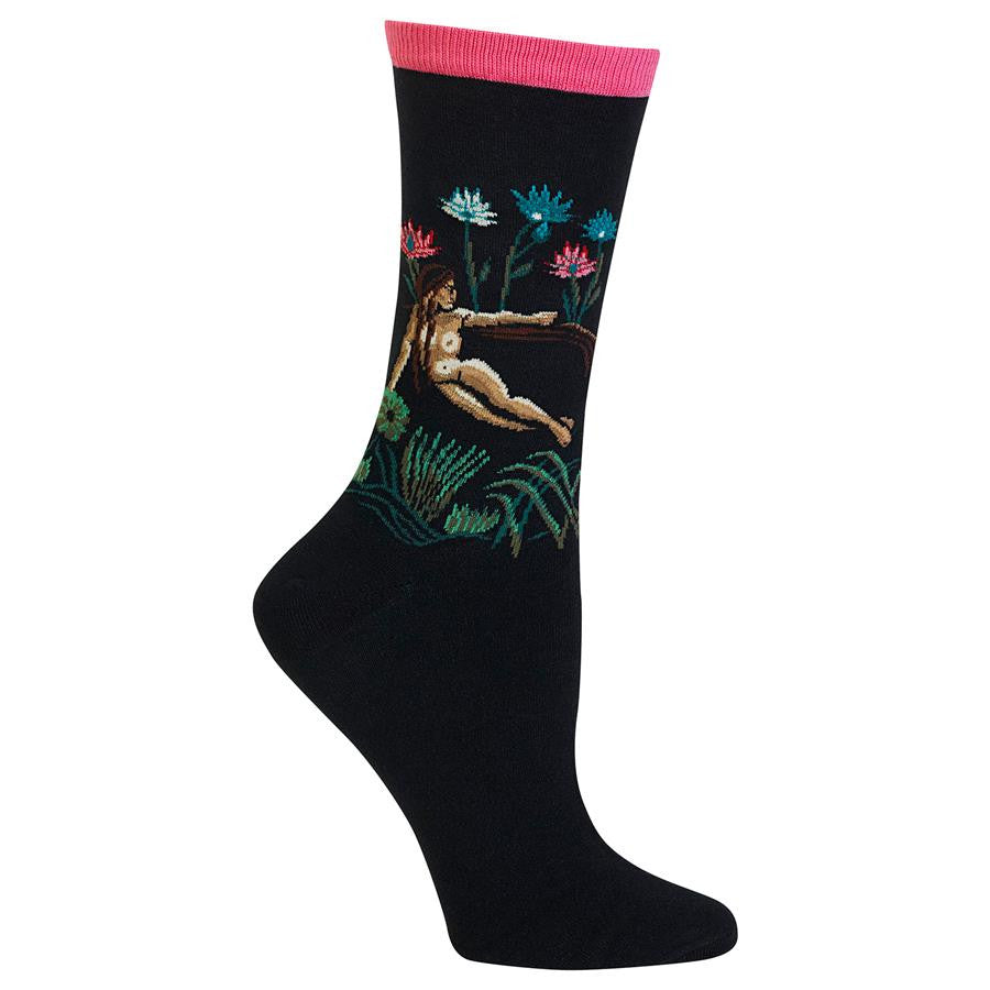 Hot Sox The Dream Sock features Henri Rousseau's painting on a Black background Sock in a Jungle setting of Wild Flowers is a Nude on a Sofa. 