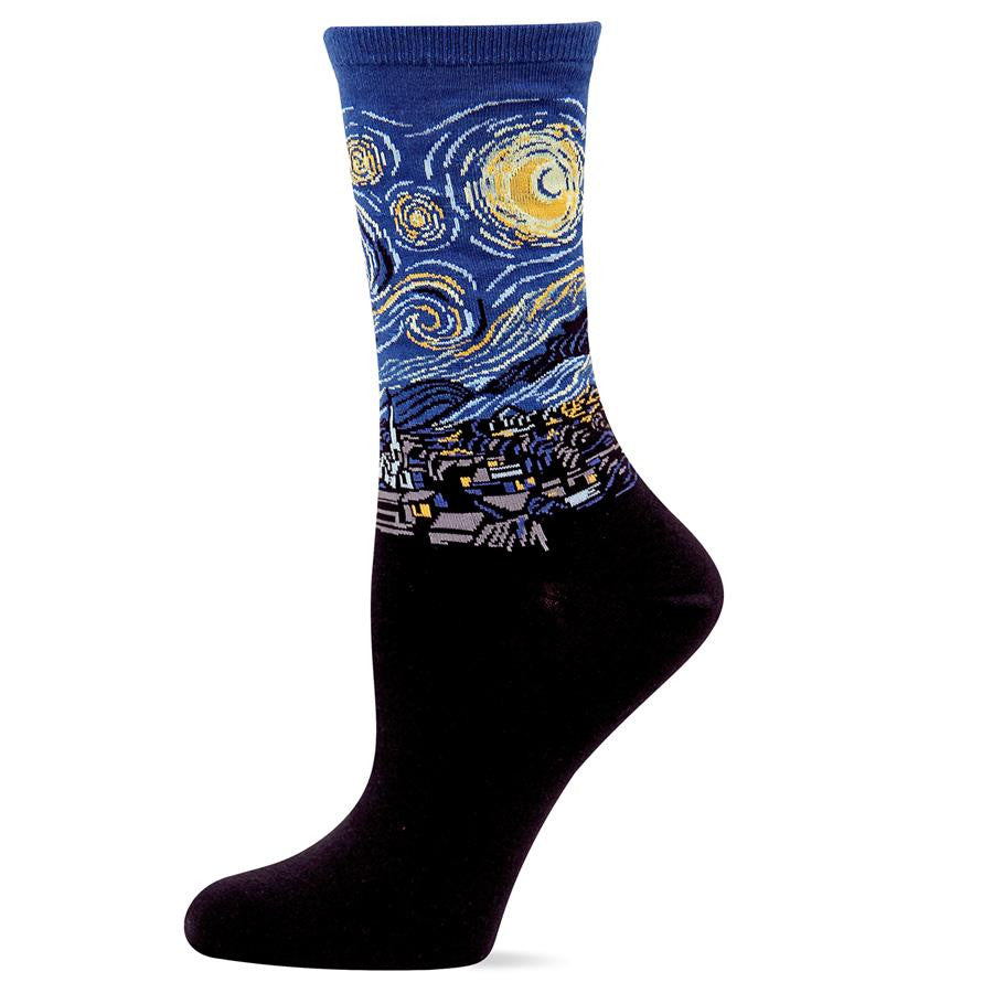 Hot Sox Womens Famous Artist Series Collection shows off Vincent van Gogh's Starry Night. In a Prussian Blue Night Sky are the Moon and the Morning Star Venus with other Stars pulsating with light. The country village below with the Church and Houses are quiet and the Cypress Tree ties them all together.