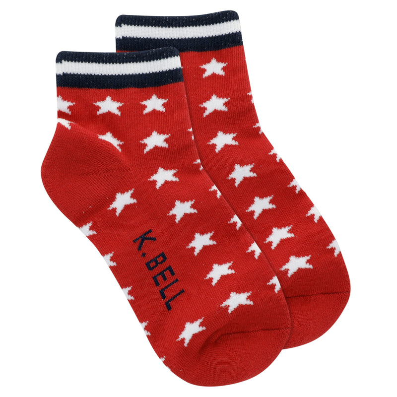 K Bell American Made All Over Stars Shortie Socks for Women starts on a field of Bight Red. The All Over Stars are White Five Point Stars. They are so Bright they bounce off the Red! The Stripes are on the very top Black then White and Closest to the Red is the Blue for the Flag!