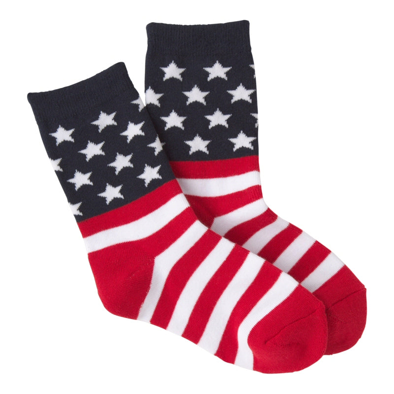 K Bell American Made Kids American Flag Socks are made with imported yarn but made here. Our Flag starts with a Flag Blue with Bright White 5 Pointed Stars. Then the Red and White Stripes.  The Heels and Toes are Red.