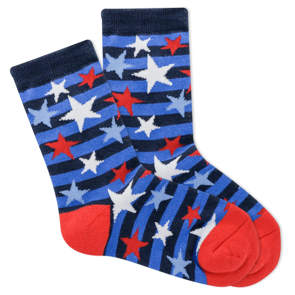 These Socks are American Made with Imported Yarns but they are all American! Stars and Stripes forever! The Stripes are Dark and Medium Blue. The Heels and Toes are Red. The Stars are over the Stripes and Pop Off the Sock in 5 Points Stars in Light Blue, Red and White.