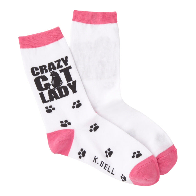 K Bell Crazy Cat Lady Sock has "Crazy Cat Lady" in bold Black. The A is an actual CAT. Down the rest of the Sock which is White are Black Paw Prints. The Cuffs Heels and Toes are Rose Pink.