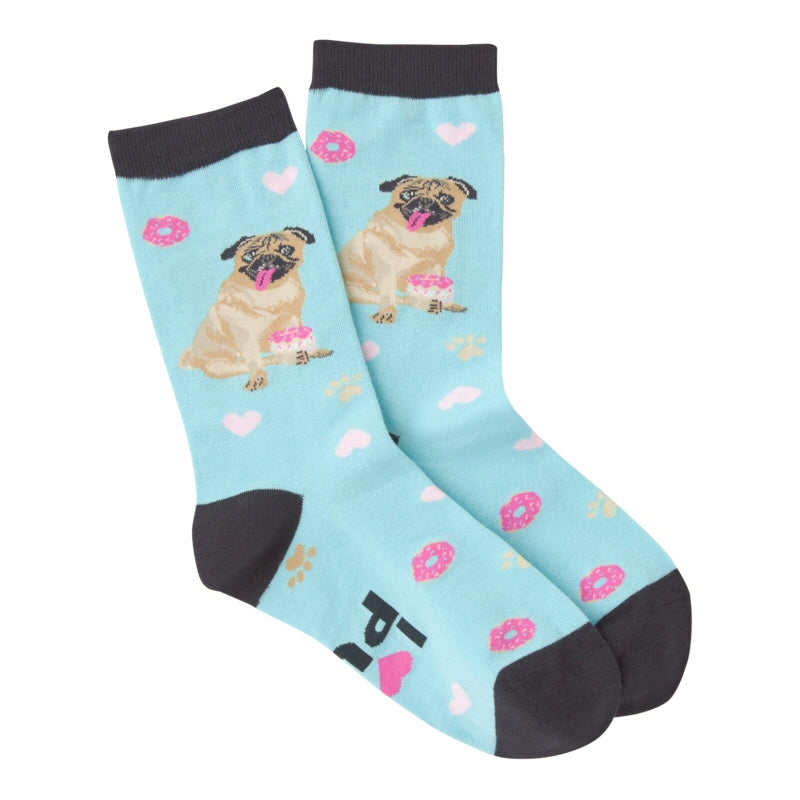 K Bell I Love My Pug Sock has Treats and Hearts and Paws all over the sock. The sock starts on Turquoise background with Black Cuffs, Heels and Toes. The Pug is the Center attraction but the words are on the bottom. They say with a heart "I Love My PUG" 