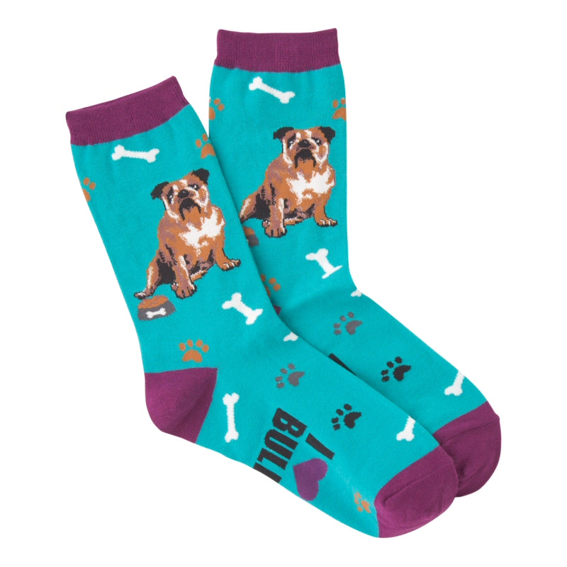 K Bell I Love My Bulldog Sock is Blue and Tyrian Purple on Cuffs Heels and Toes, it also is the color of the Heart in the words. The Bulldog is in Browns Black and White. Paw prints are all over in different colors  as well as White Bones. The words say, "I Love (with a heart) my Bulldog"