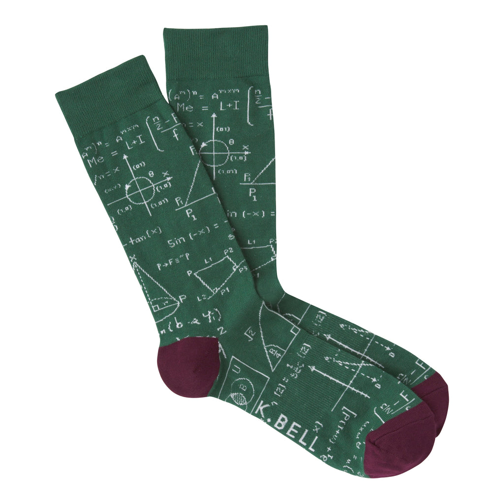 K Bell Mens Equations Sock is started on a background of Green. The Heels and Toes are Blackberry. The Equations on the Sock are all in White.