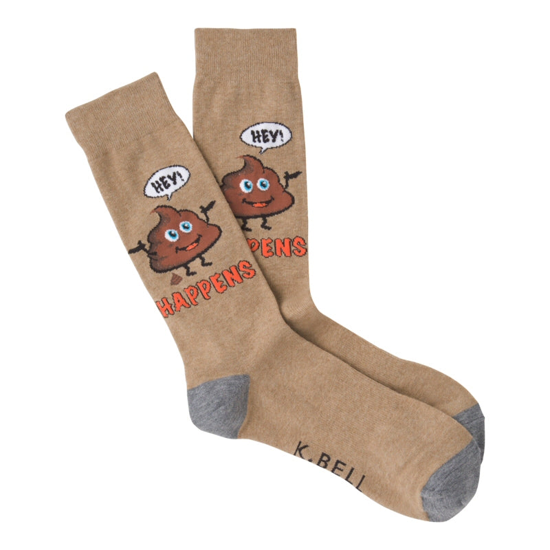 K Bell Mens It Happens Sock layout with Brown background and Charcoal Heather Grey Toes and Heels. A Big Turd Icon lets out a Small Turd Icon saying, HEY! **iT HAPPENS.
