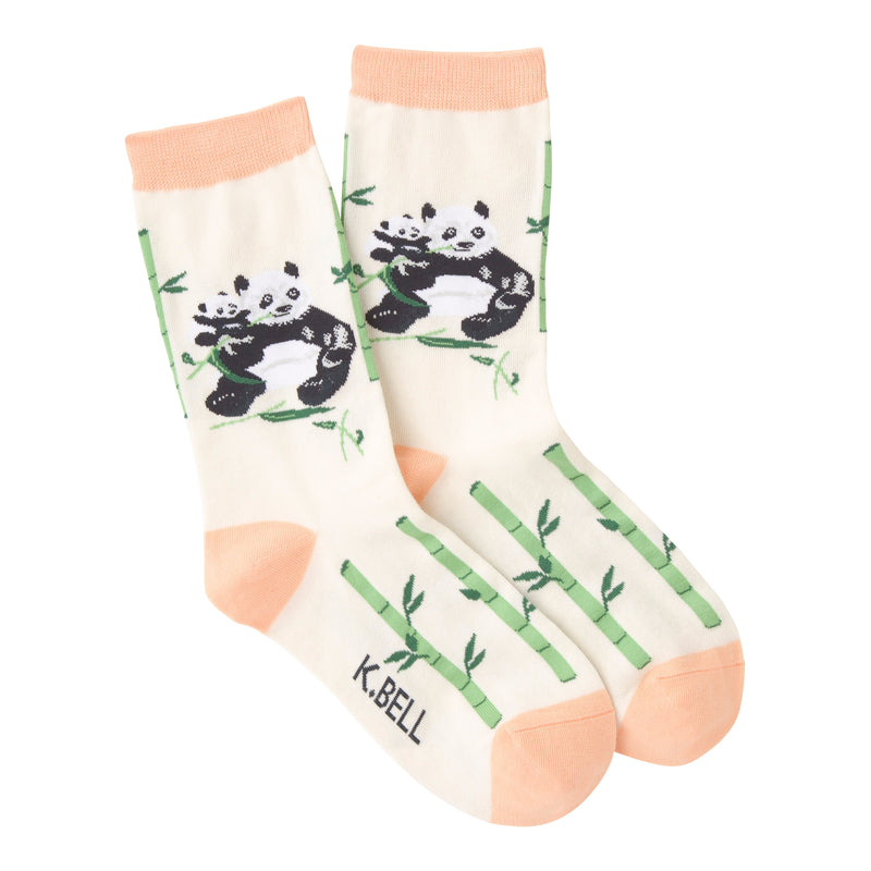 K Bell Panda Crew Sock starts on Ivory background with Peach Cuffs Toes and Heels. Bamboo is Green and Dark Green. Panda and Baby Panda under Cuff are Black and White.
