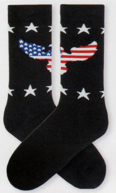 K Bell American Made Mens American Eagle Sock starts on a Black background. The American Bald Eagle is surrounded by large Stars. Inside the American Bald Eagle is the American Flag.
