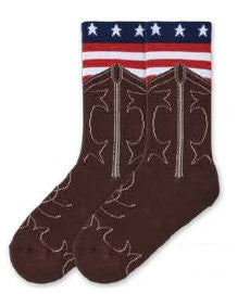 K Bell Womens American Made American Flag Boot Sock starts with a Western Cowboy French Roast boot, detailed with a Cream White Stitch. The boot has the American Flag in Red and White with Blue and 5 point stars..