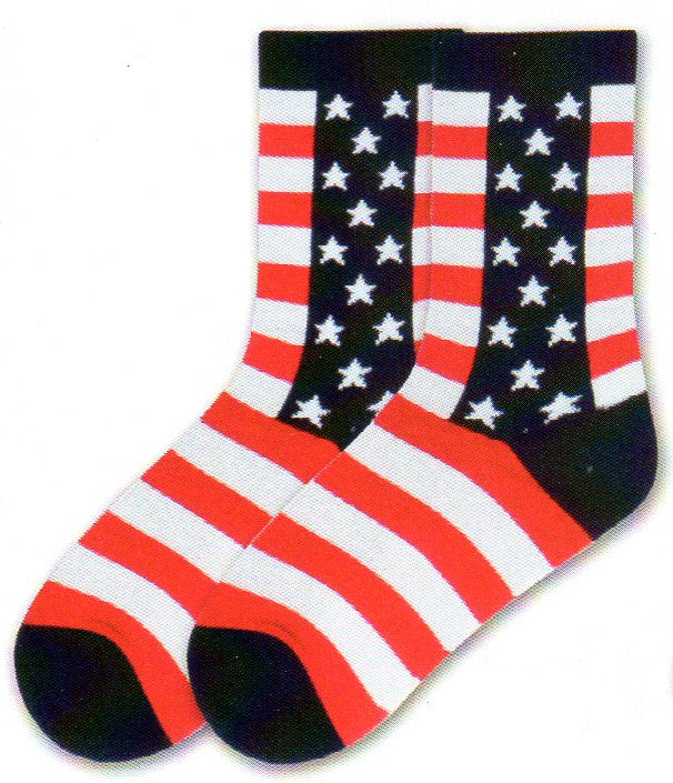 K Bell American Made Womens Stars and Stripes start with Navy on the Cuffs, Heels and Toes with a thick column going down both sides of your leg with White Stars. Then in Rows going down the Sock are White and Red Stripes.