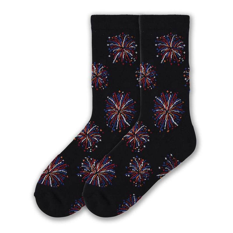 K Bell American Made Womens Fireworks Sock starts on a Black background with Fireworks all over in Red, Blue, Orange and White they make a Floral pattern.