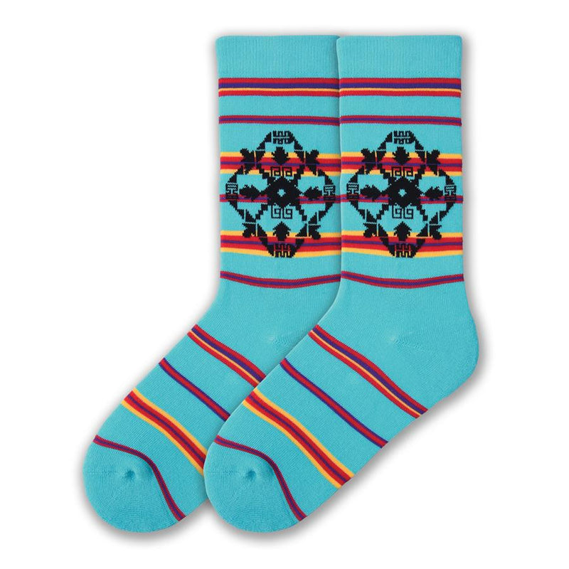 On a Jewel Turquoise background with Stripes made with Candy Apple Red, Bright Yellow and Violet this Sock features an Indian Graphic made with many Arrowheads. K Bell American Made Blanket Stripe Sock for Women is made in the USA with Imported Yarns.
