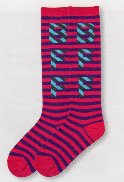 Looking at BFF Knee High Sock from K Bell is like seeing a decoded message! In Bright Fuchsia, Purple, Turquoise and Charcoal you see the BFF out of all the lines of color!