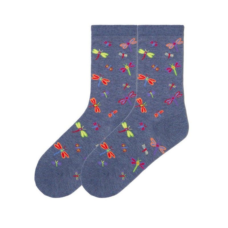 K Bell Dragonflies Sock starts on a field of Denim. The Dragonflies are Large and Small all over the Sock. Colors are Red, Coral, Magenta, Lavender, Light Blue, Yellow and Lime. 