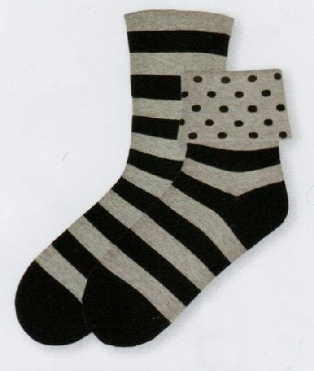 K Bell Flip Cuff Dots Sock has one side of the sock all Grey and Black Rows. Flip the Cuff Down and you now have Black Polka Dots showing for just a little added fun in Fashion.