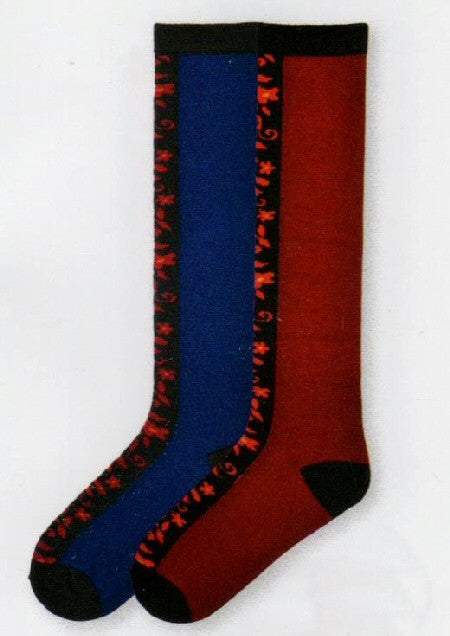 K Bell Folkloric Floral Knee High Socks come in backgrounds of Blueprint and Biking Red. Down the front is a runner of Flowers. Leaves and Vines.