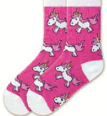 K Bell Girls Unicorn Crew Sock starts out of a Bright Pink background with White Cuffs, Heels and Toes. The Unicorns are all over this Sock in White and Cotton Candy Pink. The Horn is Yellow. Outlined in Black.