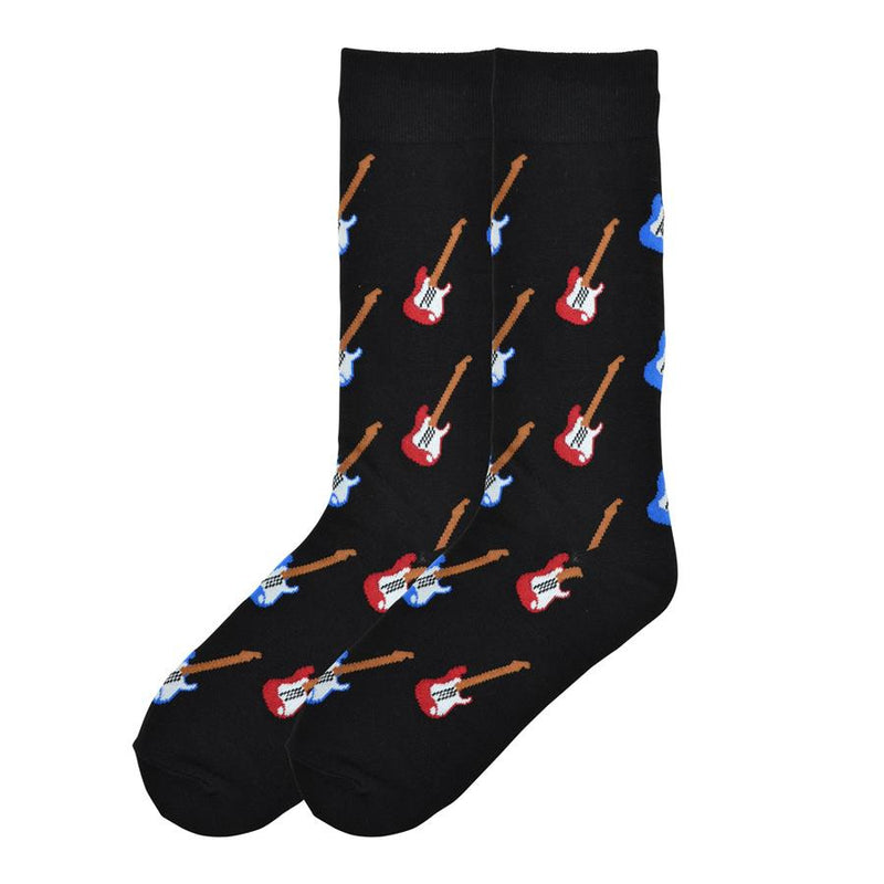 K Bell Mens Guitar Sock starts on a Black background. From Cuff to Toe are Electric Guitars in Bright Blue and Red with Brown Neck and Head.
