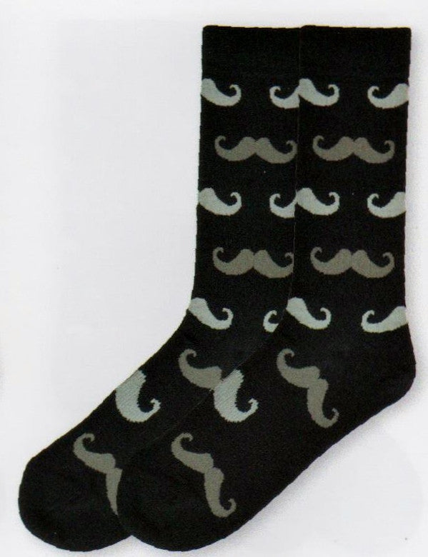 K Bell Mens Handlebar Sock is all about Moustaches. The sock starts on a Black background and has Dark and Light Grey Moustaches all over it.
