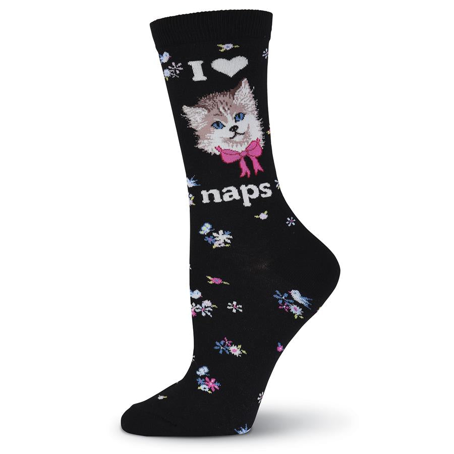 K Bell I Love Cat Naps Sock is Black with the saying of I then a Graphic Heart for Love, then a cute Graphic of a Cat in White and Browns with Pink Bow and below says Naps. 