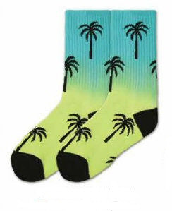 K Bell Kids Palm Crew Sock starts on a Rainbow background of Blues to Greens. The Heels and Toes are Black. The Palm Trees are Silhouettes in Black.