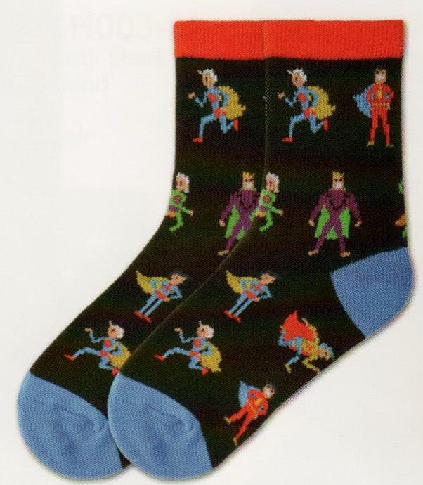 K Bell Boys Super Heroes Sock starts on a Black background. The Cuffs are Bright Red and the Heels and Toes are Bright Blue. The Super Heroes wear costumes in Red, Blue, Yellow, Green, Purple and Orange. The Super Heroes are Running and Standing.