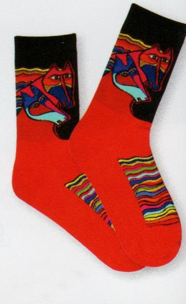 Wind Spirit is the Name of this Laurel Burch Sock and it is all about the Horses' Manes. In Black the Horses Heads are Running with the Manes following long trails behind in Rainbows of color.