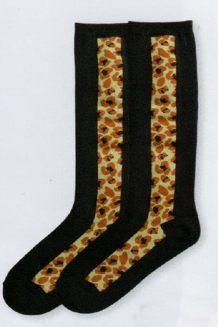 K Bell Leopard Panel Knee High Sock is a Fashion Sock starting with a Black background. On each side is a Leopard Print Panel in Lion Brown, Bole Brown and Black are the Spots.