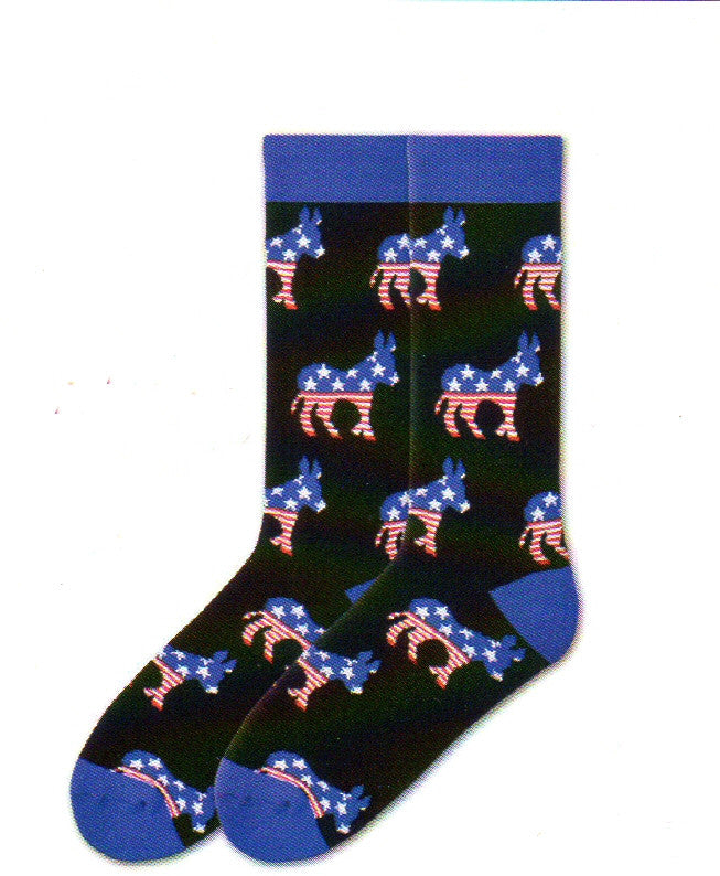 K Bell Mens American Made Democrat Sock starts on a Black background with Blue Cuffs, Heels and Toes. The Head and Back of the Donkey, the Democrat's Mascot, is Blue with White 5 point Stars. The Tail and Legs are Stripes starting with Red and then White.