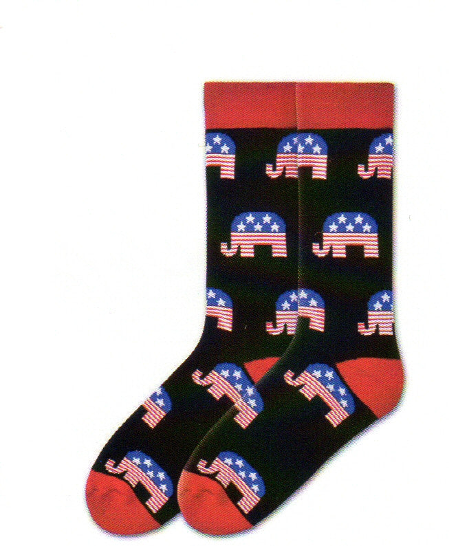 K Bells Mens American Made Republican Sock starts with Black background. Red is for the Cuffs, Heels and Toes. The Elephants are Blue with White Stars on Top and Red and White Stripes to the bottom.
