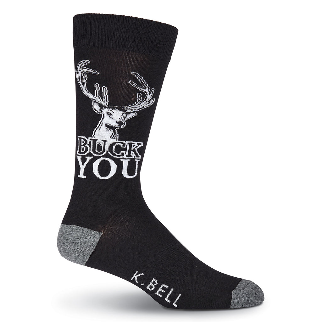 K Bell Mens Buck You Sock is on a Black background with Heather Grey Heels and Toes. The Buck is designed with Light Grey, Medium Grey, Dark Grey and Black. The words Buck are Black outlined in Light Grey and You all Light Grey