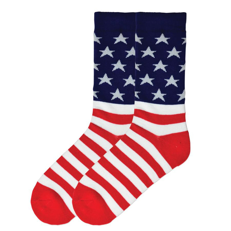 K Bell Mens American Made American Flag Sock has the Blue and Stars on top and the Red and White Stripes on the bottom. The Heels and Toes are Red.