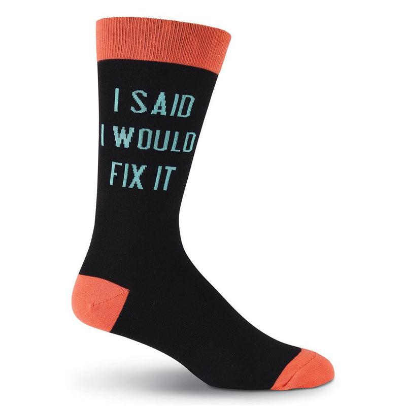 K Bell Mens I Said I Would Fix It Sock is a shout heard around the globe! On this Sock it is in Bold Teal letters on a Black background. The Cuffs, Heels and Toes are Vermilion.