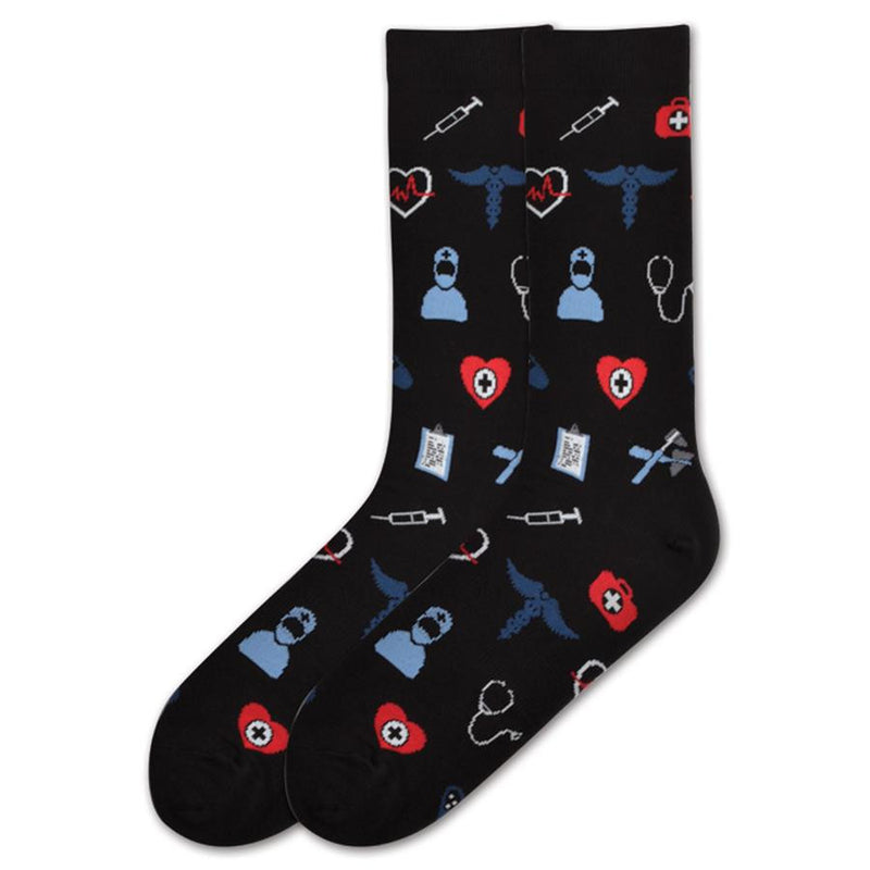 The Black Large Medical Supply Sock has a Person in Blue Scrubs, a Syringe, a Red Heart with a Black Cross, and other tools of the trade.