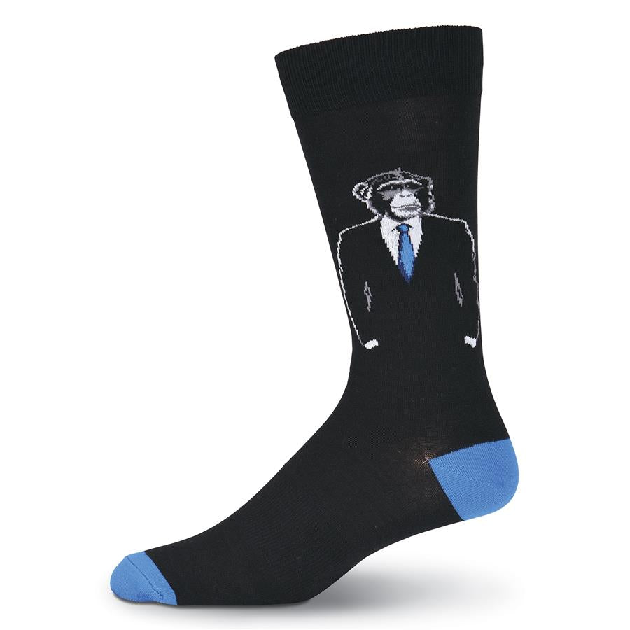 K Bell Mens Monkey Suit Sock is a Meme that has a Chimpanzee in a Sharp Dressed Suit Coat. Black Coat on a Black background. Blue Tie and White Shirt showing with the White Cuffs his hands in pockets. Heels and Toes are Blue too. 