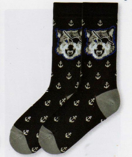 K Bell for Men Sea Wolf Sock has a Black background with a Grey, White and Black Wolf at the top surrounded by Blue. Anchors are all around the Sock. Heels and Toes are Grey.